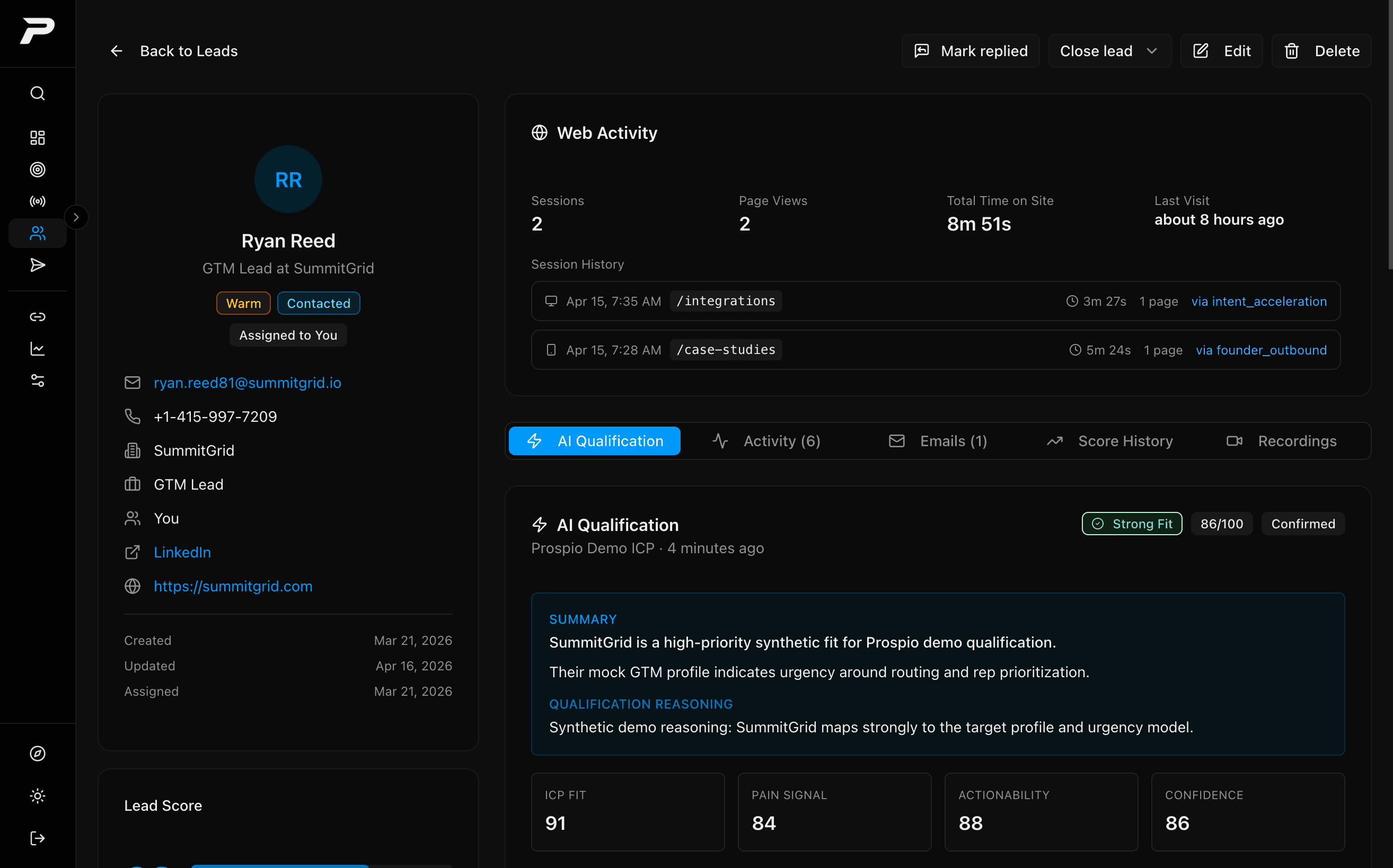 Lead detail with AI qualification score and activity history