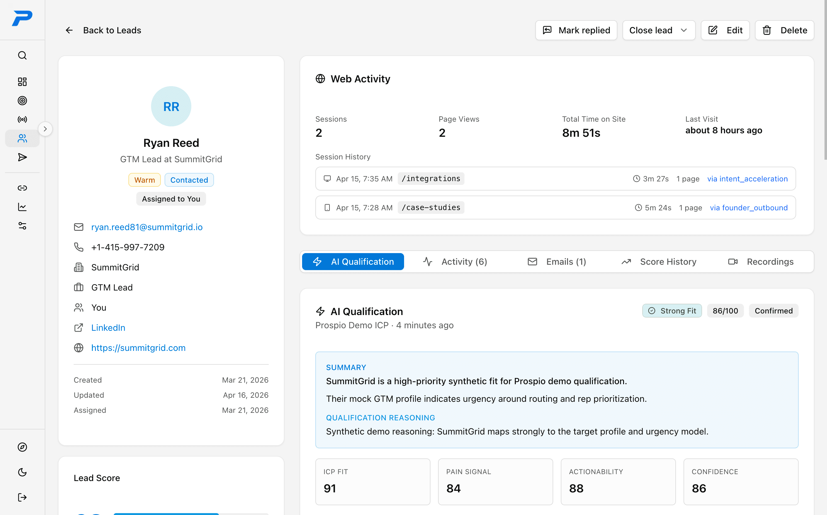 Lead detail with AI qualification score and activity history